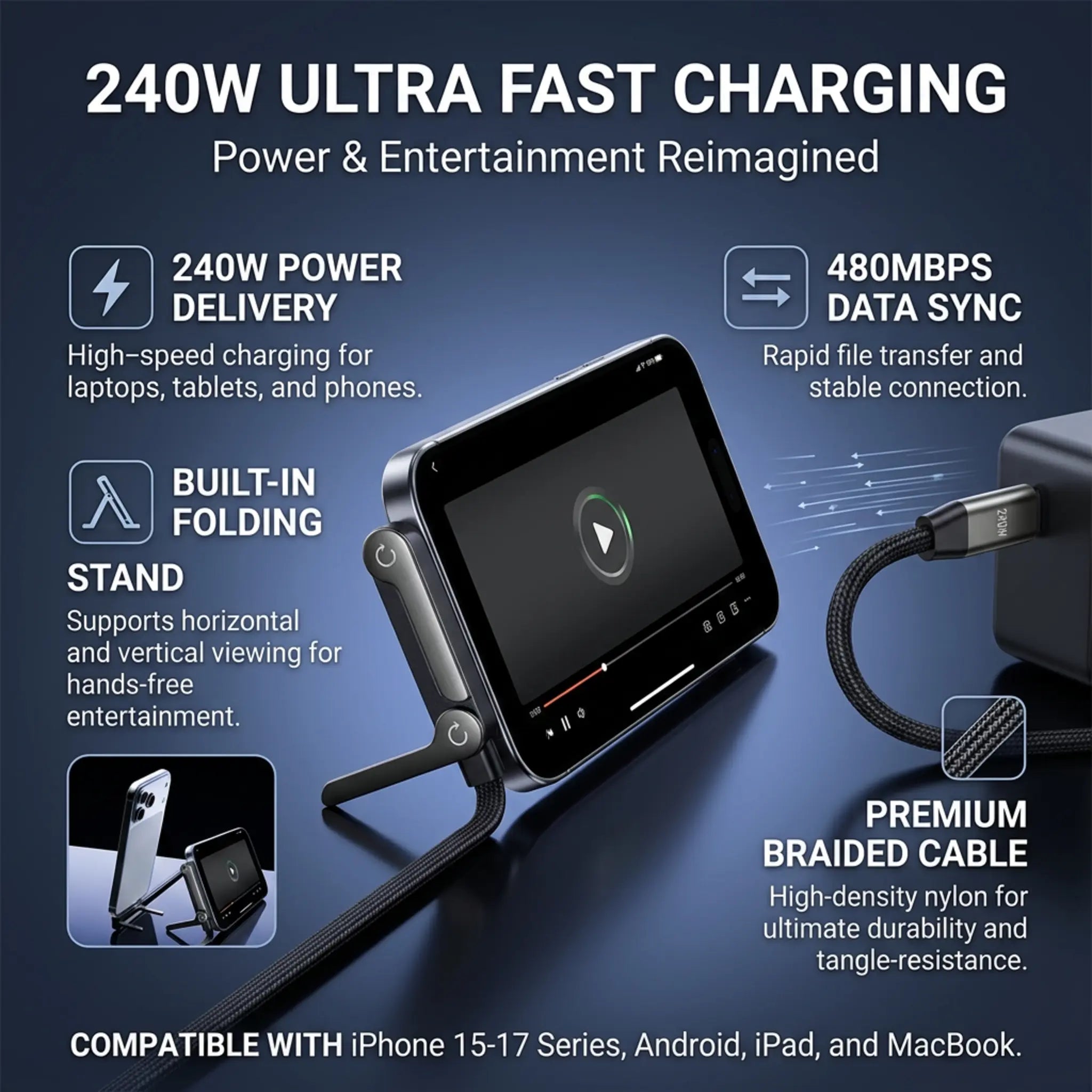 Sideways Phone Charger, 2 in 1 Invisible Holder Charger Cable, 240W Braided Fast Charge Cable with Built-In Phone Stand, 2026 New Foldable Durable USB-C Cord for Phone